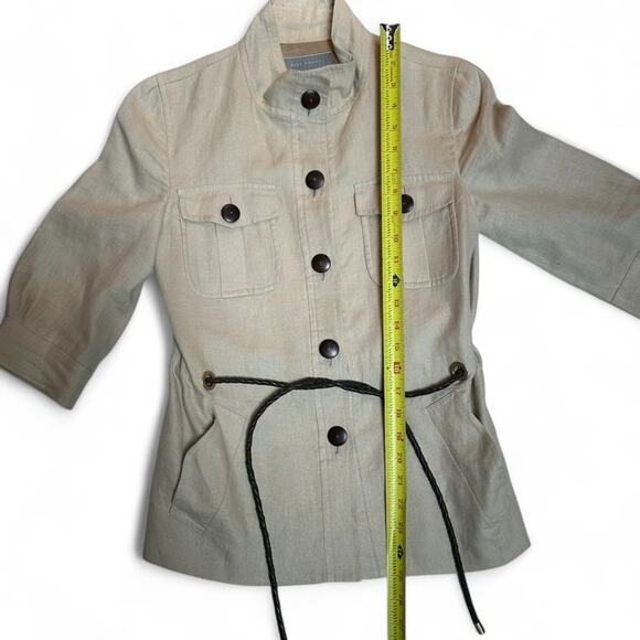 ZARA WOMAN Beige Linen Utility Jacket Safari Style Leather Belted Office Medium - Picture 7 of 7